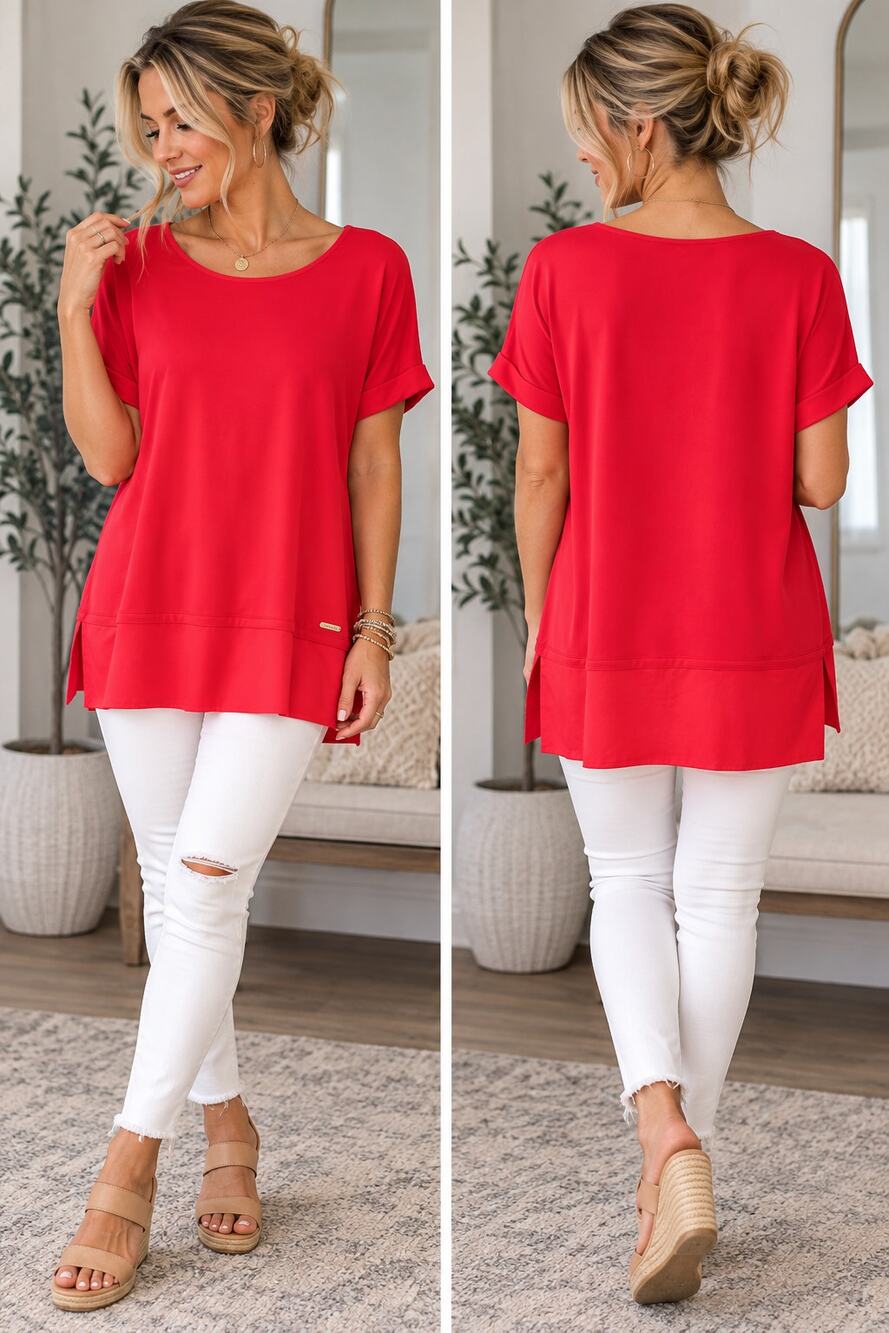 Calvin Klein Red Tunic Top Dolman Sleeve Layered Hem Gold Logo S/P